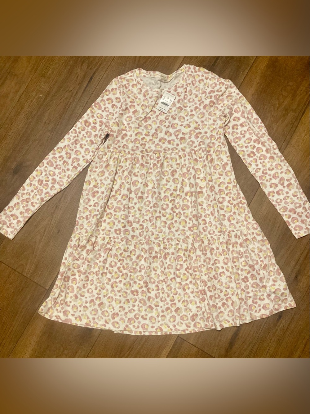 J Crew Dress Girls 14 Pink Leopard Crewcuts Long Sleeve Tiered Cotton NWT